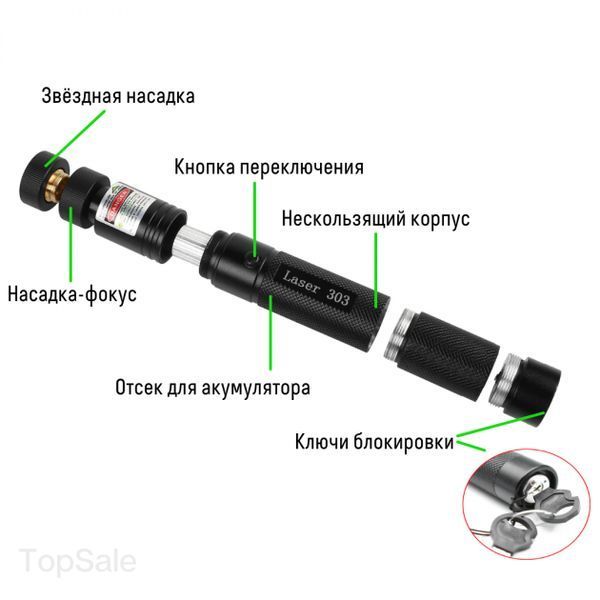 Лазерна указка DSLaser-303 Лазер 100 мВт зоряна насадка +ключ Green LS-305 фото