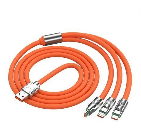 Юсб кабель&nbsp;для быстрой зарядки&nbsp;USB 3в1&nbsp;до 120W 6A Type-C&nbsp;Lightning IPhone&nbsp;Micro usb оранжевый гибкий USB 3в1 фото
